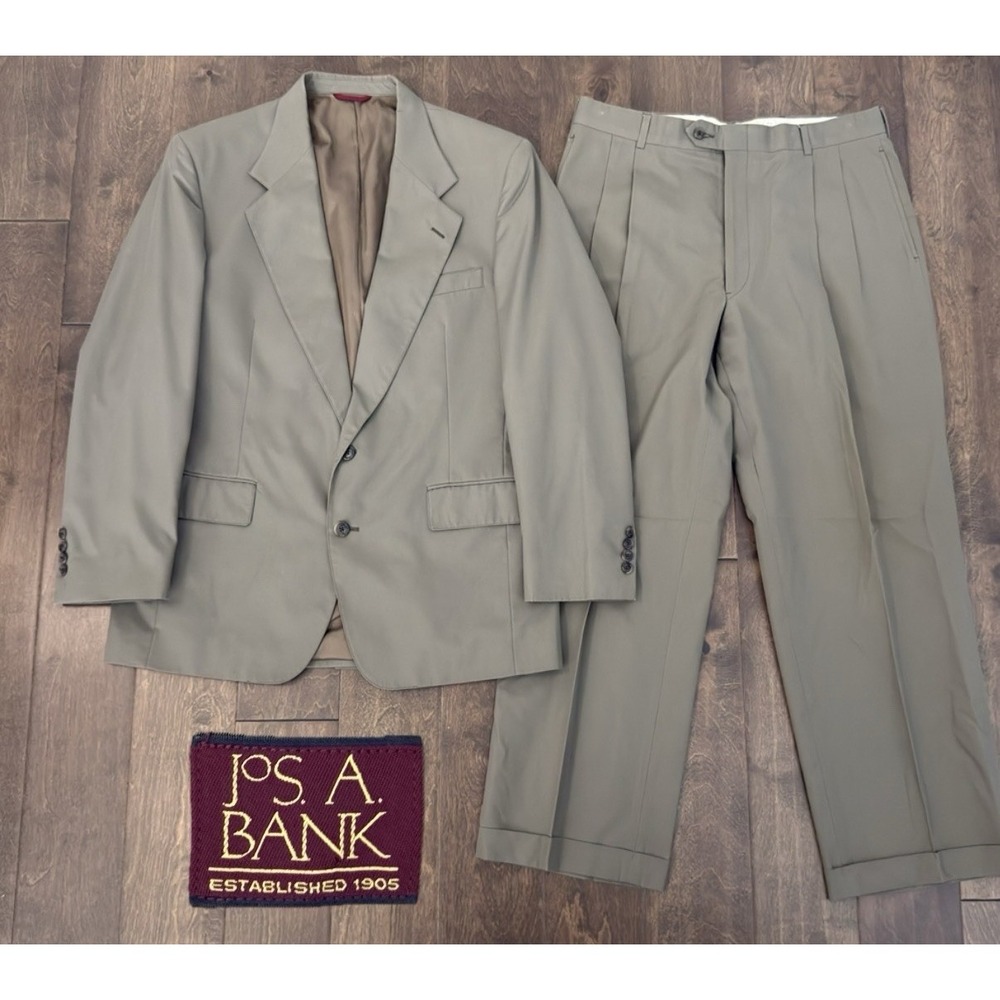 Jos A Bank Mens Green Grey 2PC Cotton Suit Jacket 41R Pants 34x29 Pleated USA